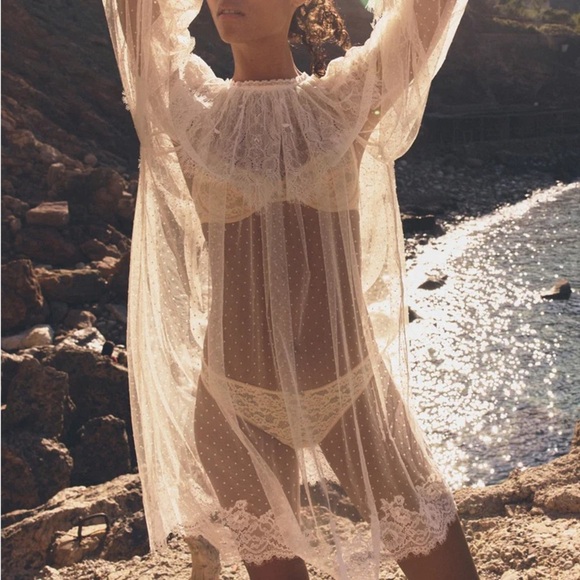 NWT Doen Lilith Lace Tulle Ruffle Collar Long Sleeve Mini Dress Crème de Lune - Picture 6 of 16